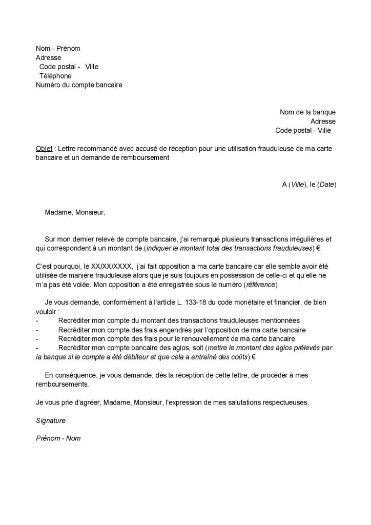 Utilisation frauduleuse carte bancaire