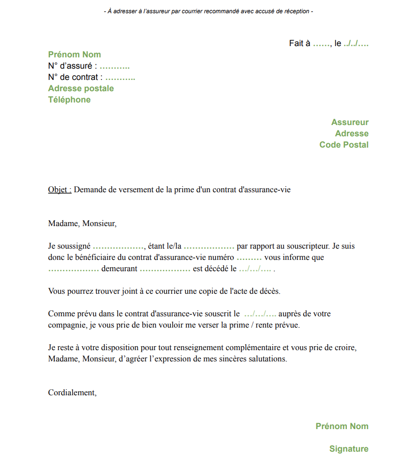 lettre versement prime assurance-vie deces