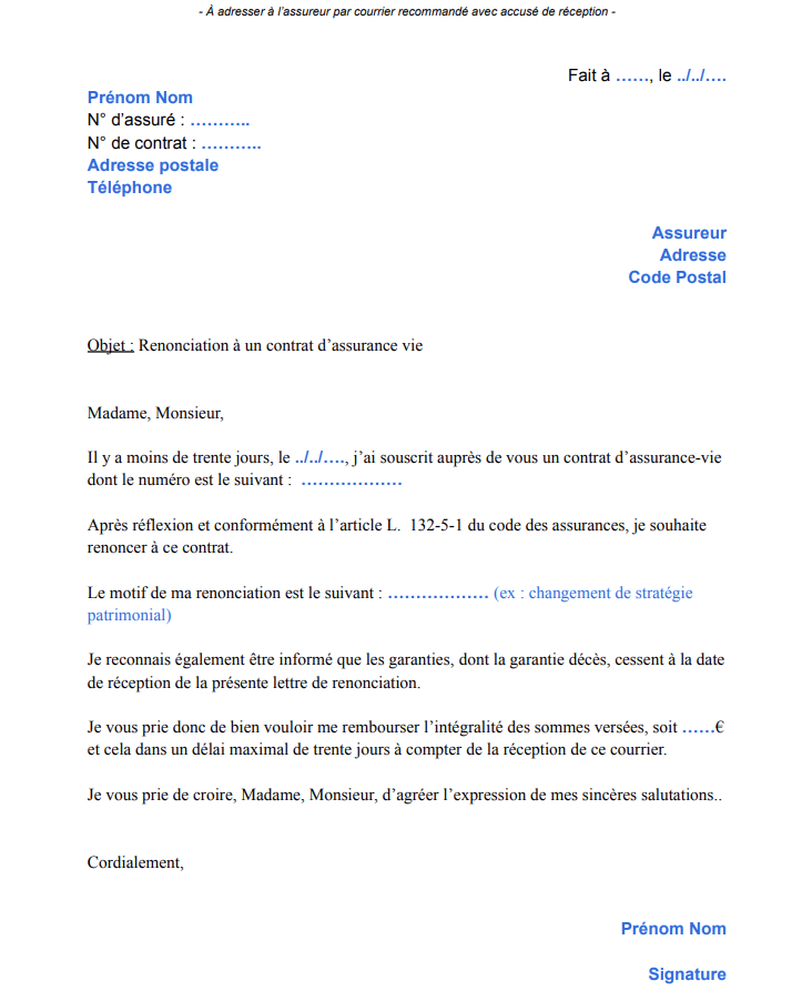 renoncer assurance-vie delai 30 jours