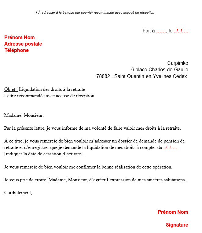 Carpimko modele lettre liquidation retraite
