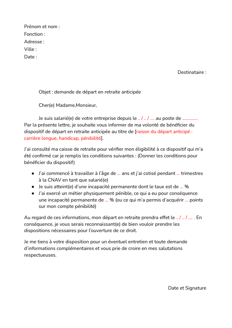 modele lettre depart retraite volontaire
