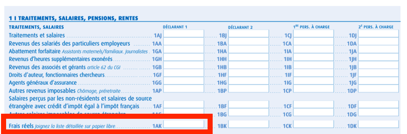 traitement salaires pensions rentes frais reels