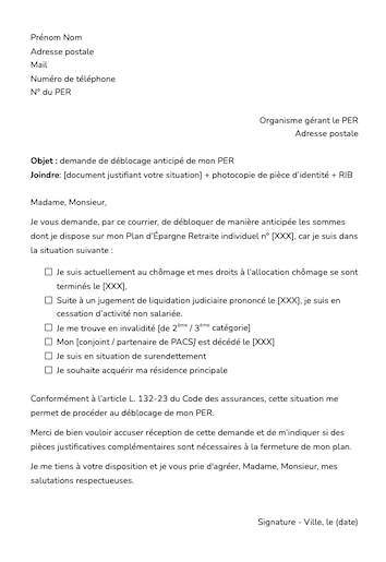 modele lettre type deblocage anticipe per
