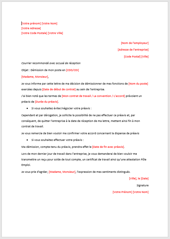 lettre demission