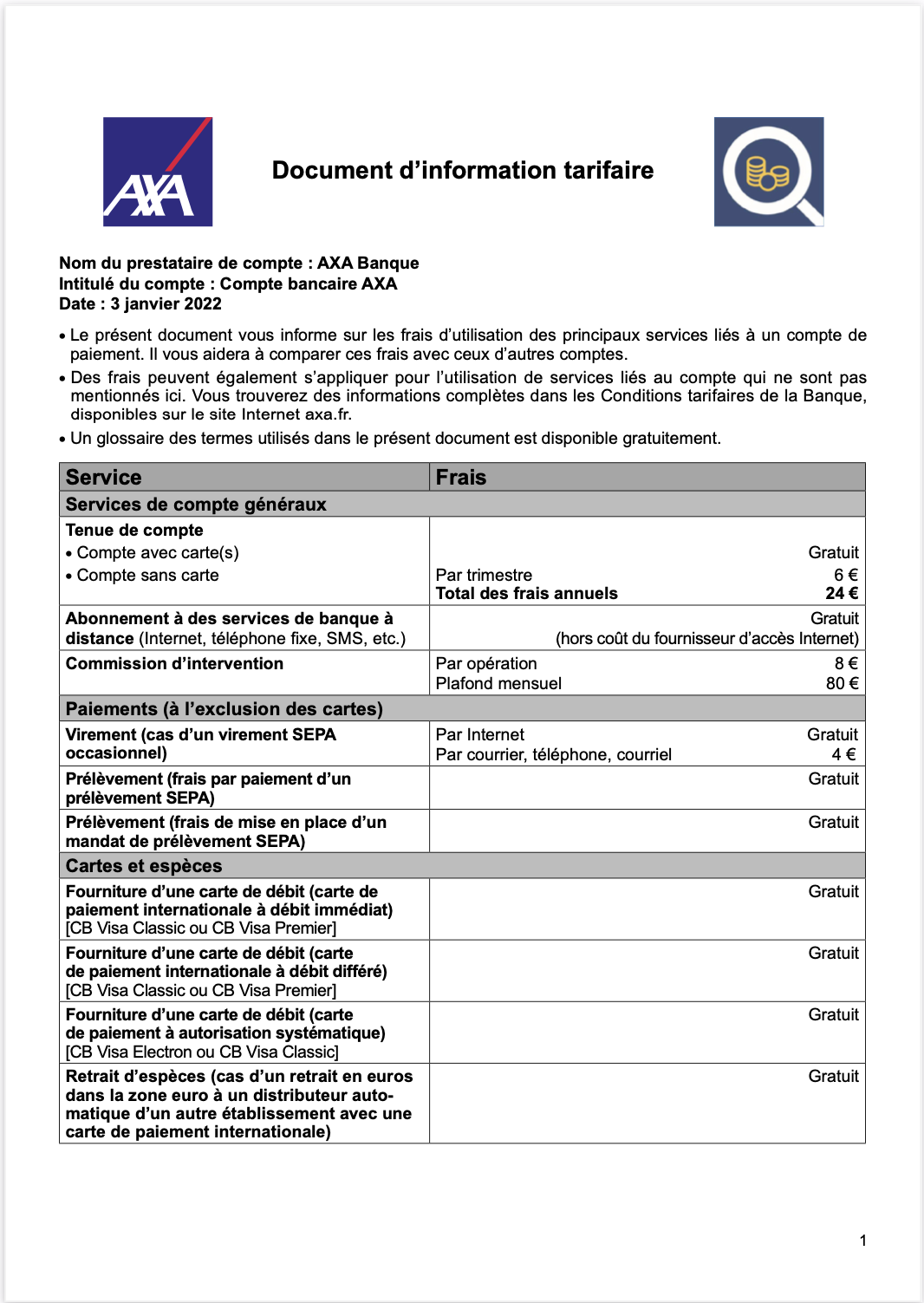 Doc informations tarifaires Axa Banque