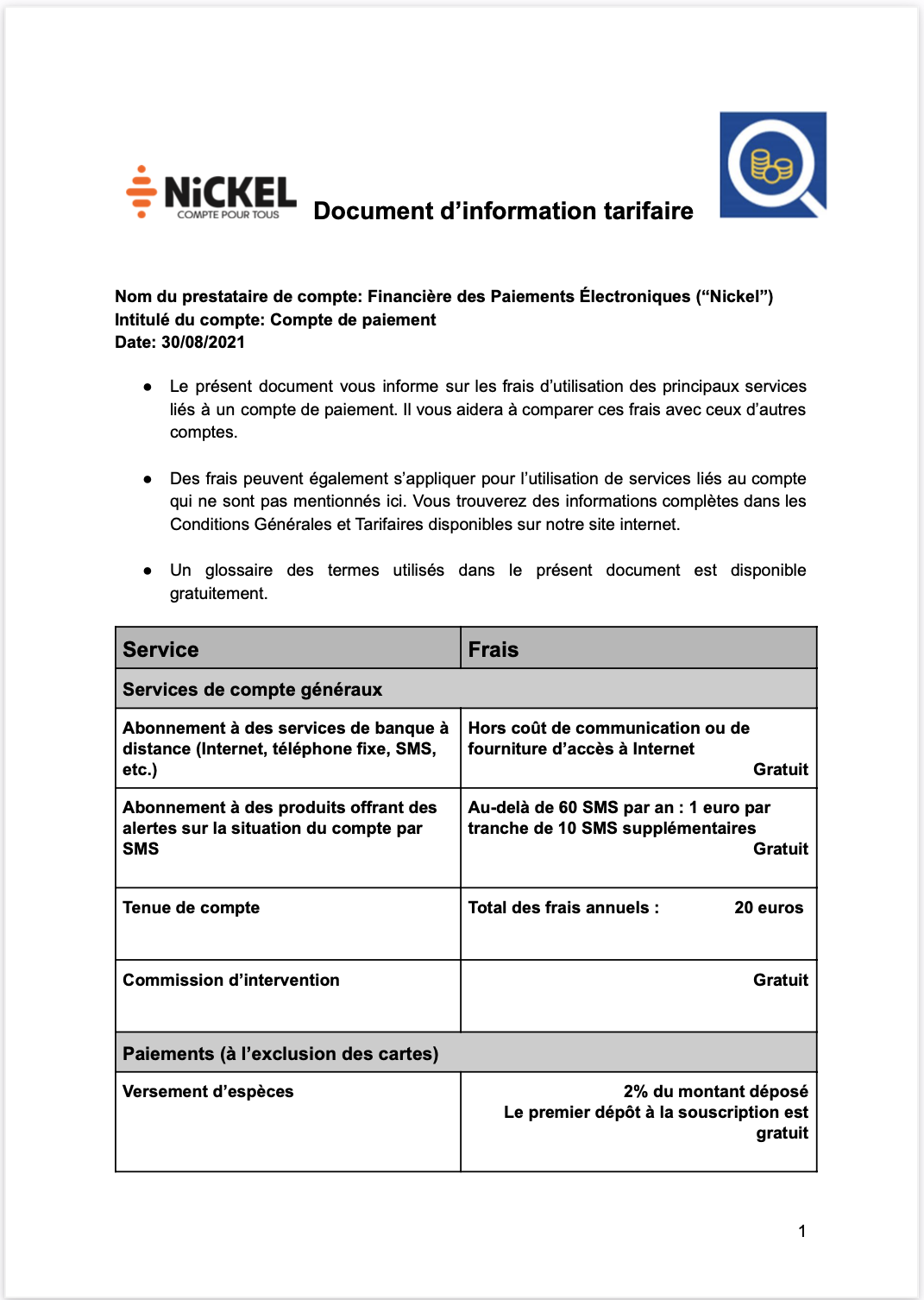 Document informations tarifaires Nickel