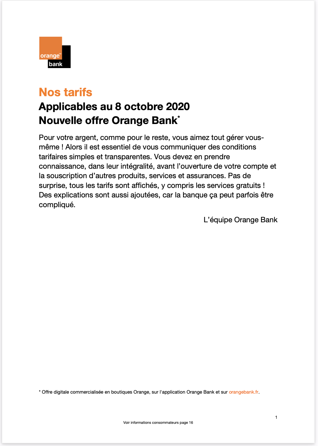 Grille tarifaire Orange Bank