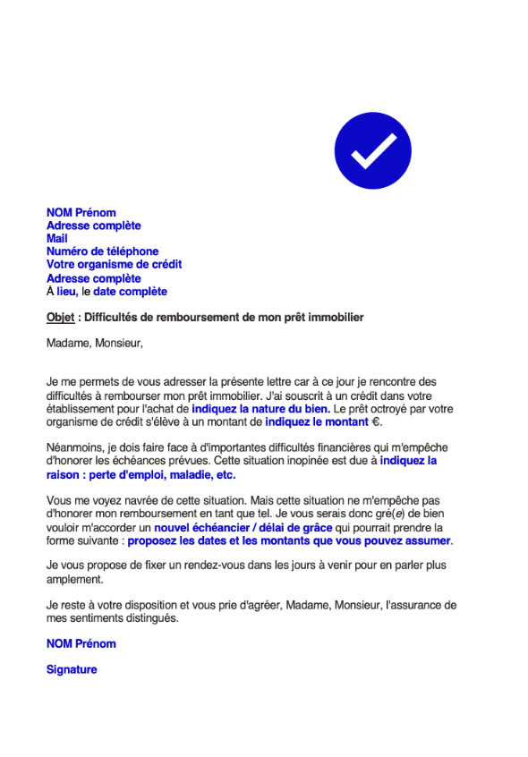 lettre type de demande de difficultés de remboursement d'un prêt immobilier