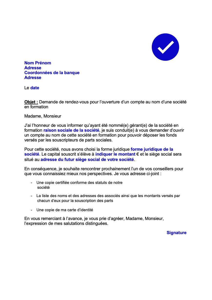 modele lettre ouverture compte societe formation