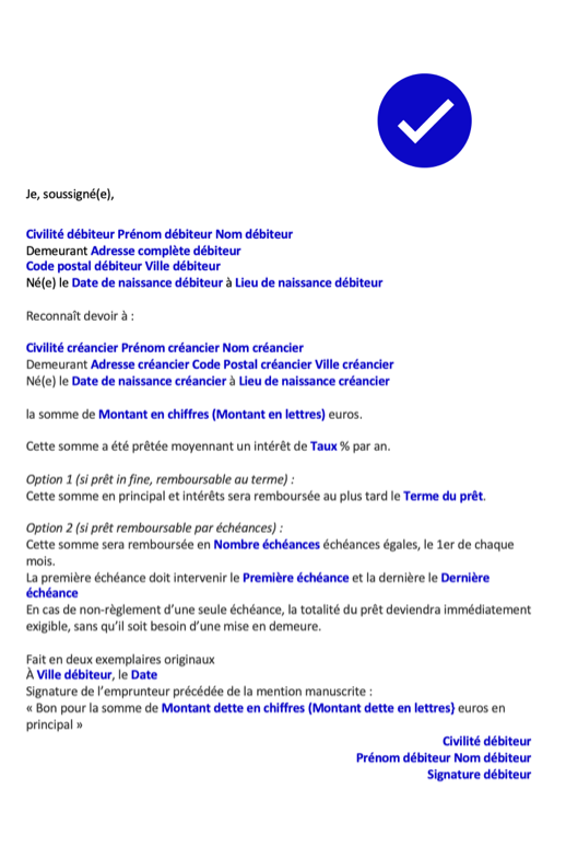 modele lettre reconnaissance dette sans notaire