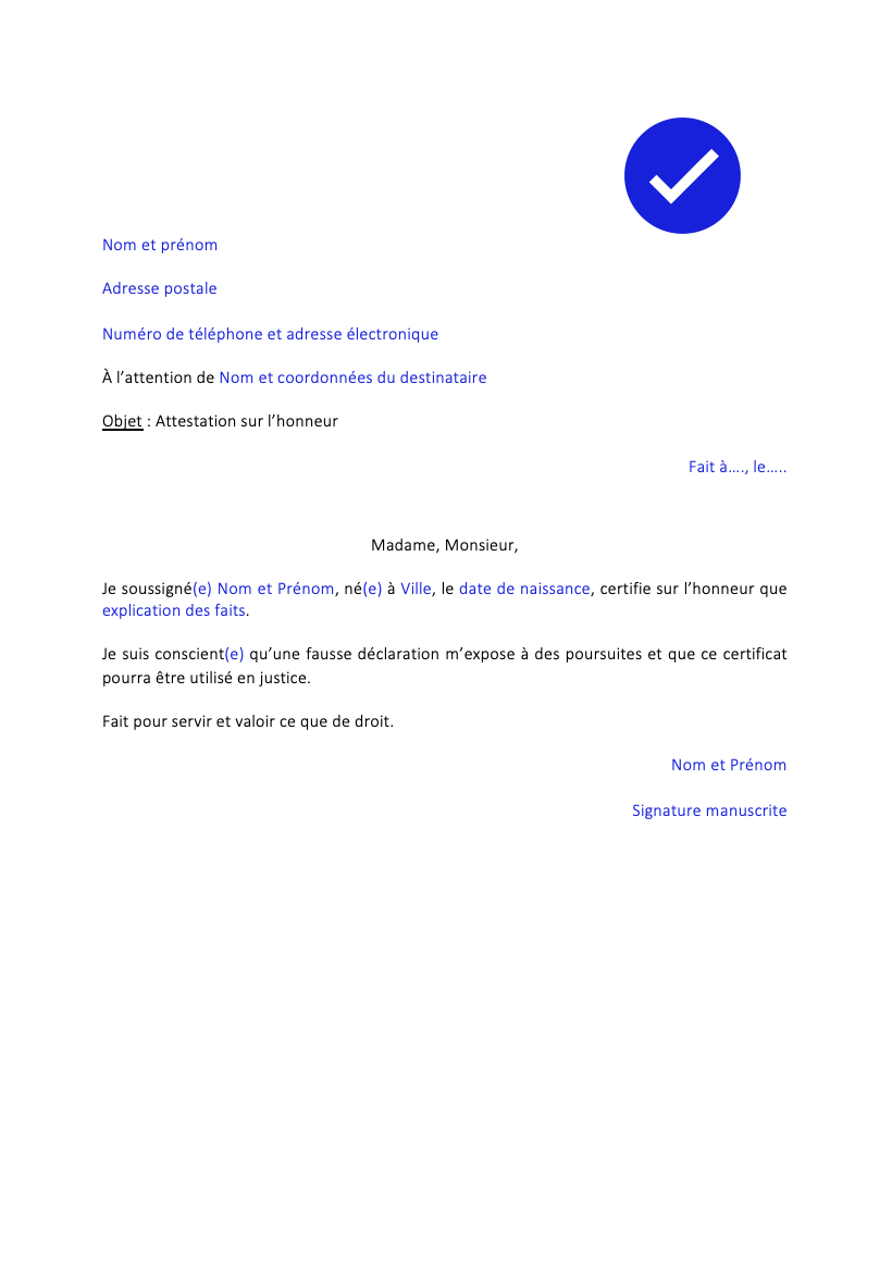 modele lettre Attestation sur l honneur