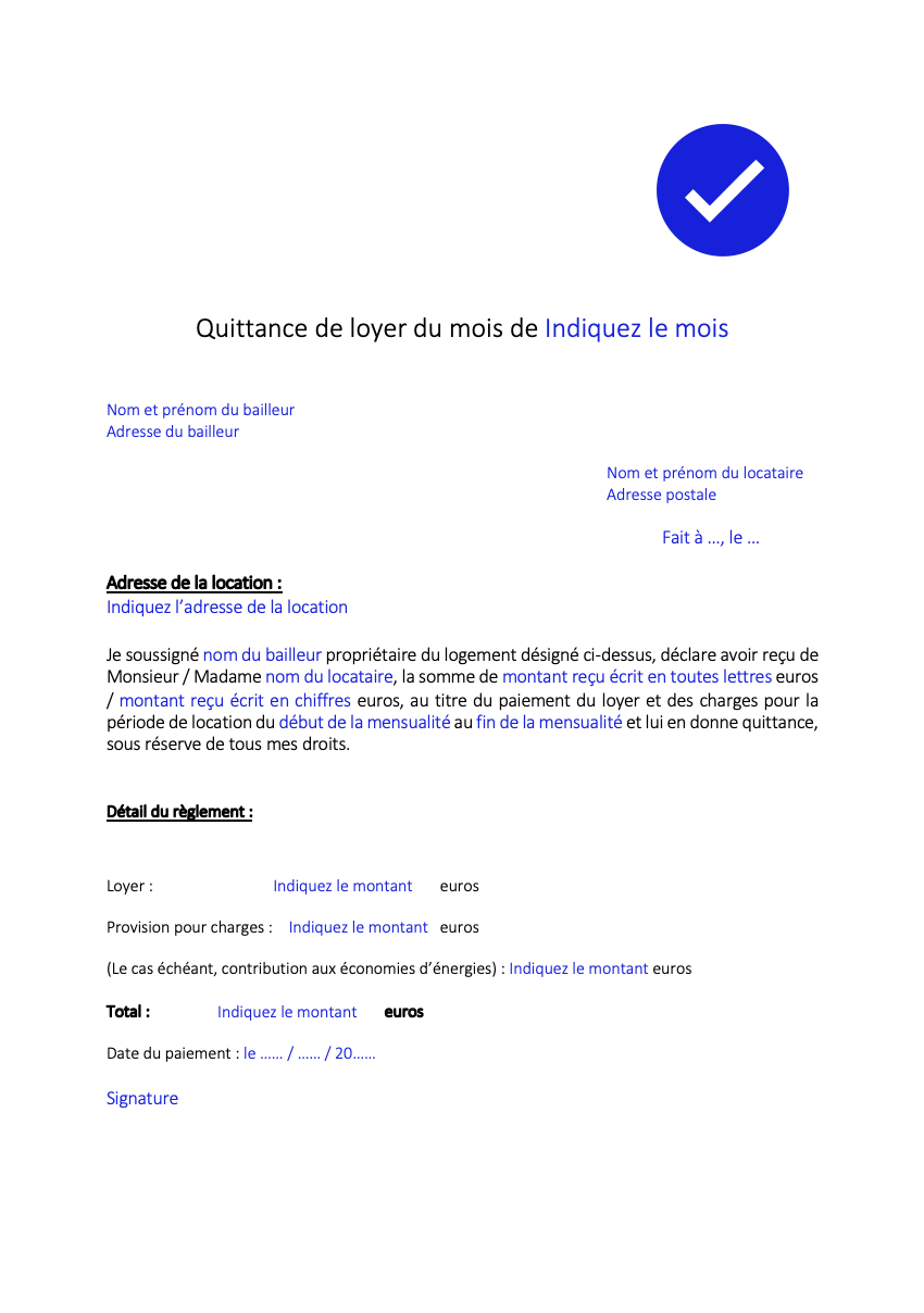 Quittance de loyer modele lettre