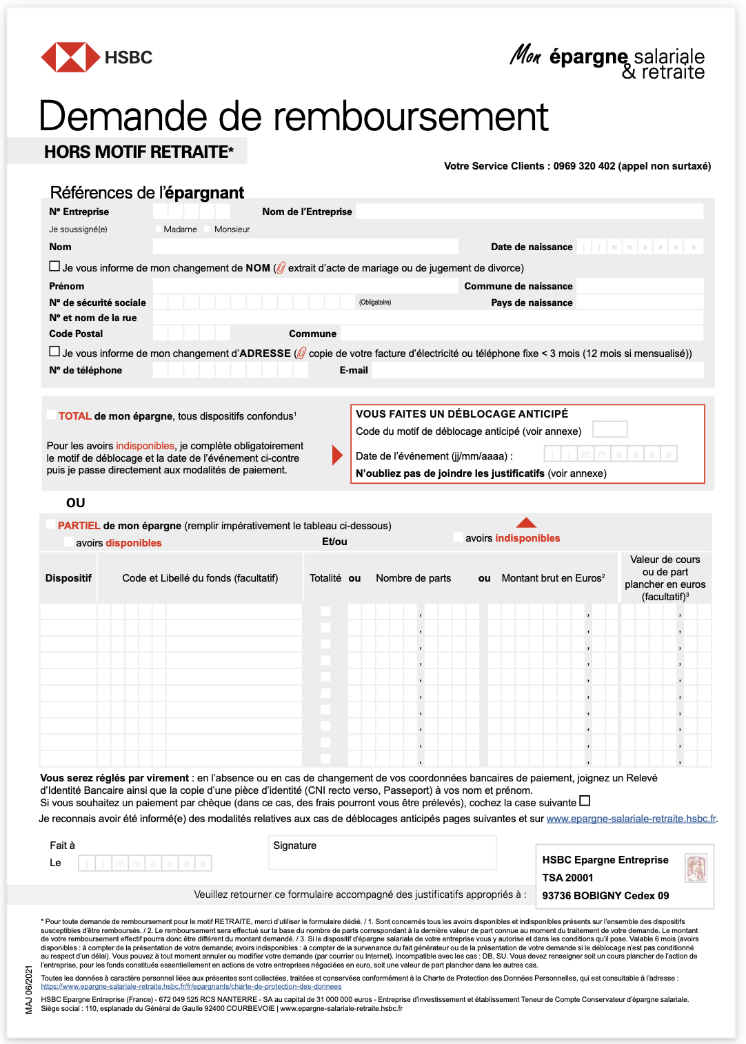 Demande remboursement PEE HSBC 2