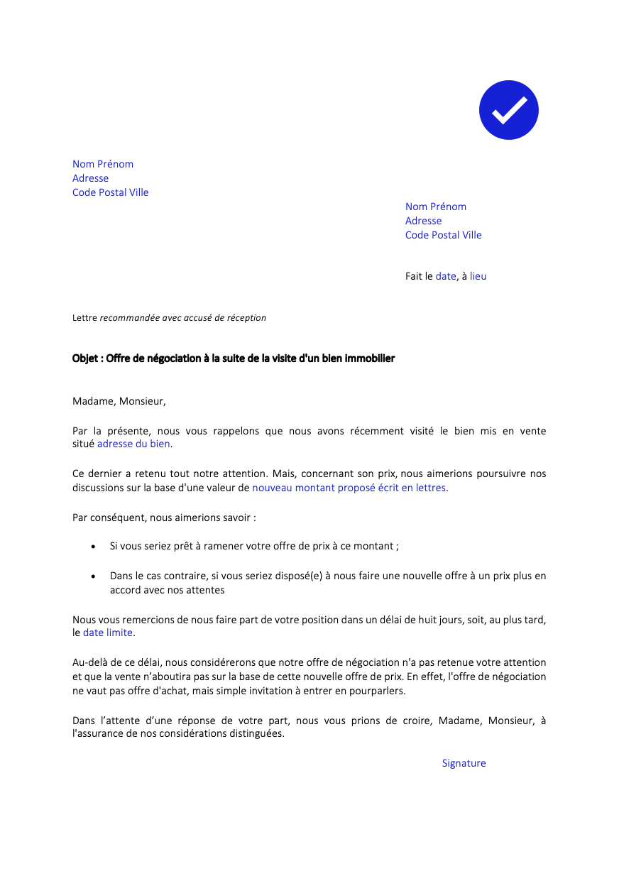 Offre de negociation a la suite de la visite dun bien immobilier