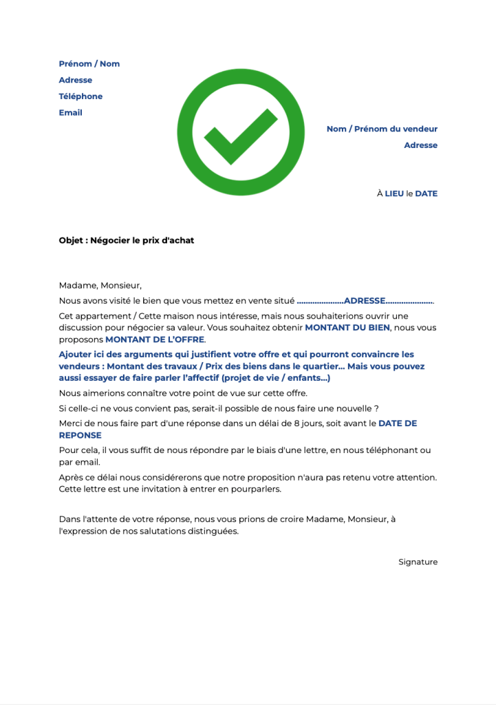 negocier prix achat immobilier lettre type modele