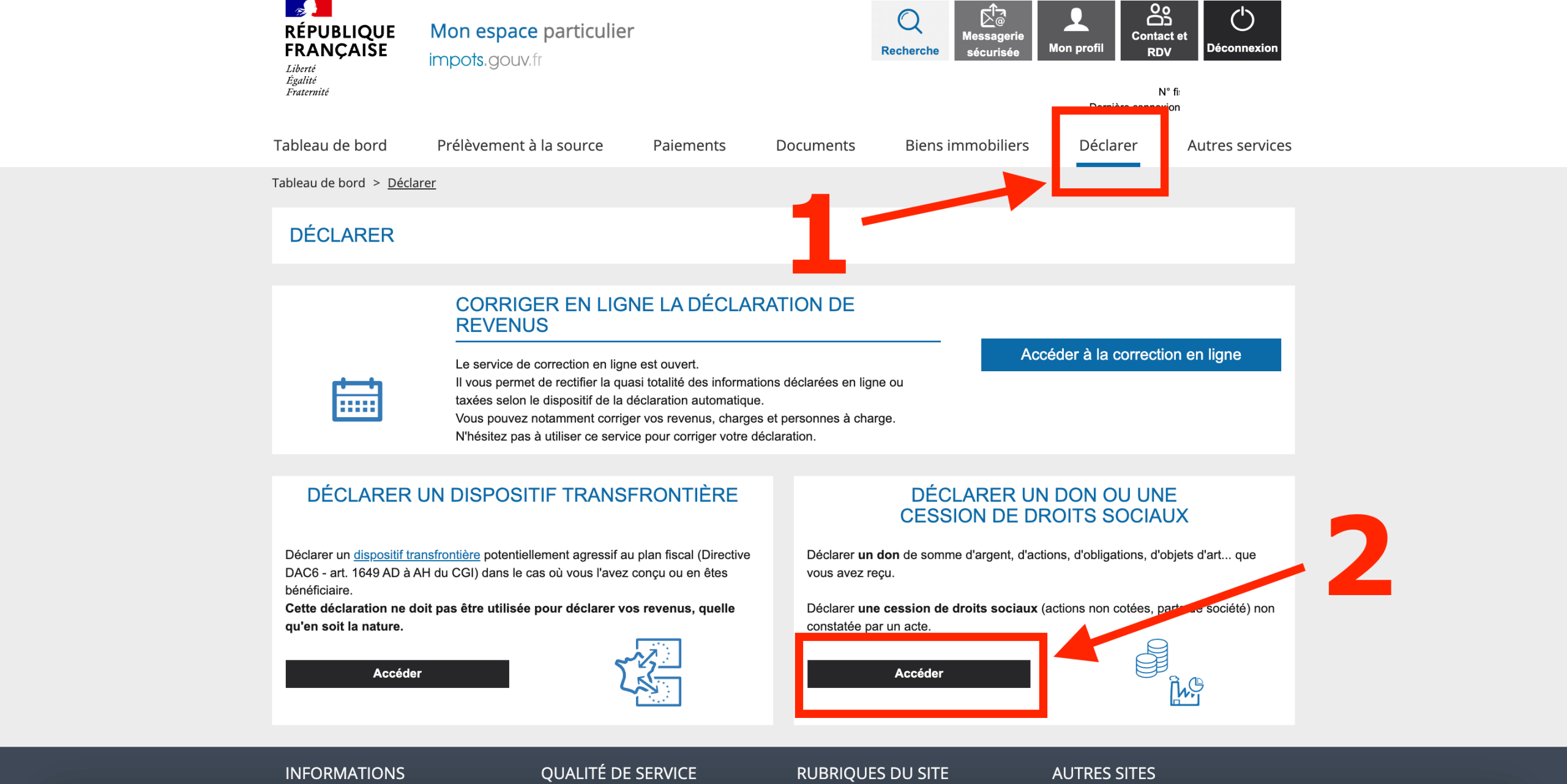 Déclaration sur le site des impôts d'une donation