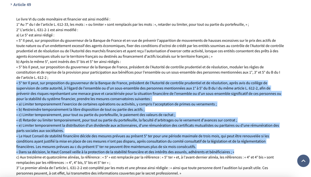 loi sapin 2 article 49 legifrance blocage assurance vie